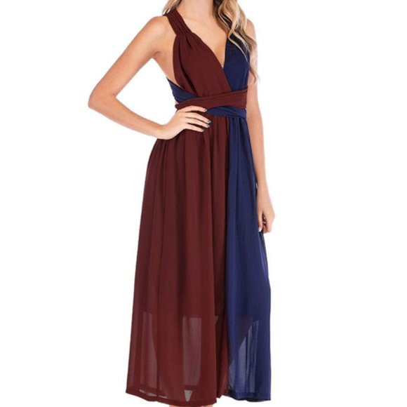 LAST 1 NWT Navy/Maroon Wrap Chiffon Maxi Dress - Picture 5 of 6